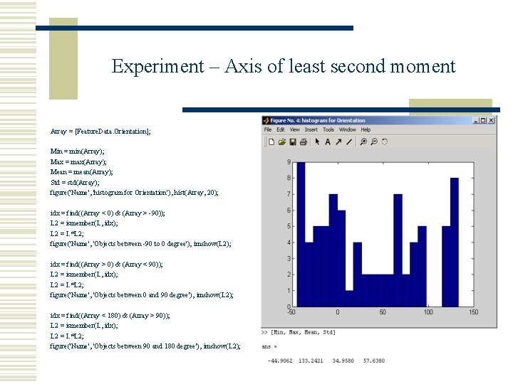 Experiment – Axis of least second moment Array = [Feature. Data. Orientation]; Min =