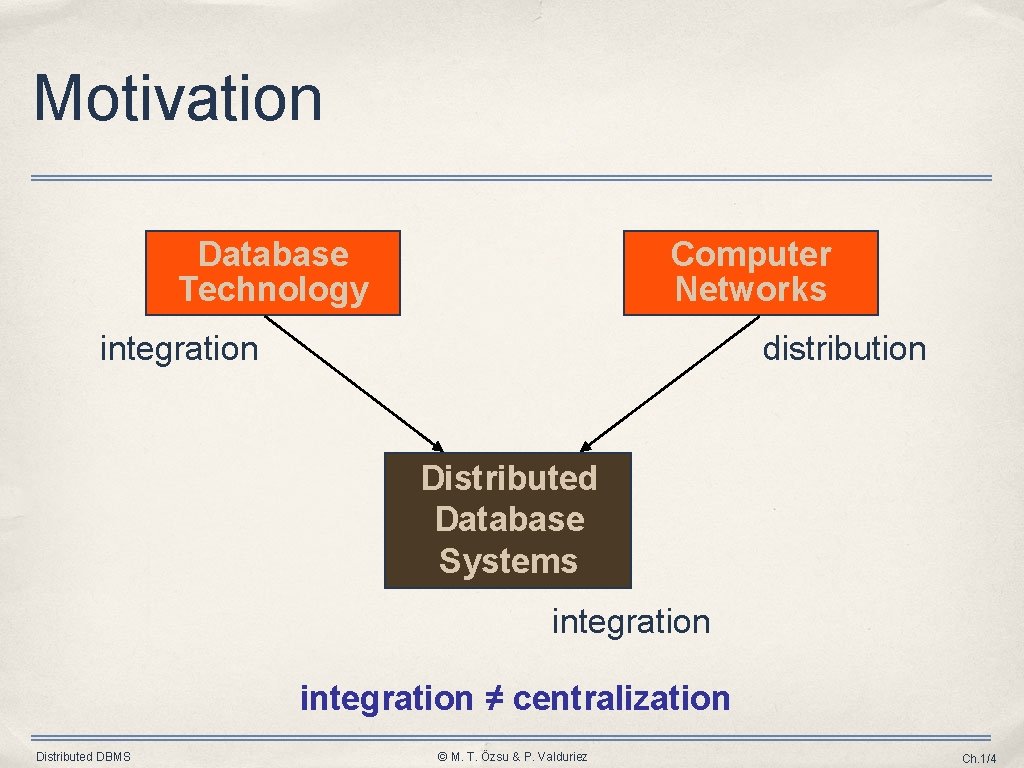 Motivation Database Technology Computer Networks integration distribution Distributed Database Systems integration ≠ centralization Distributed Motivation Database Technology Computer Networks integration distribution Distributed Database Systems integration ≠ centralization Distributed