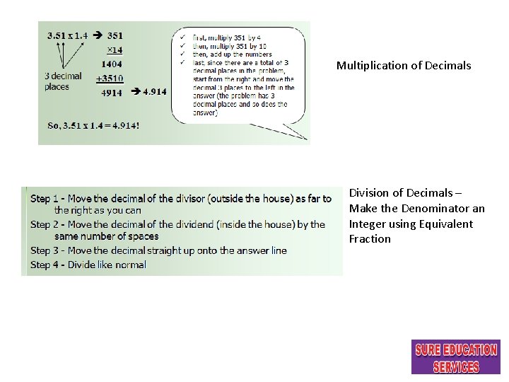Multiplication of Decimals Division of Decimals – Make the Denominator an Integer using Equivalent