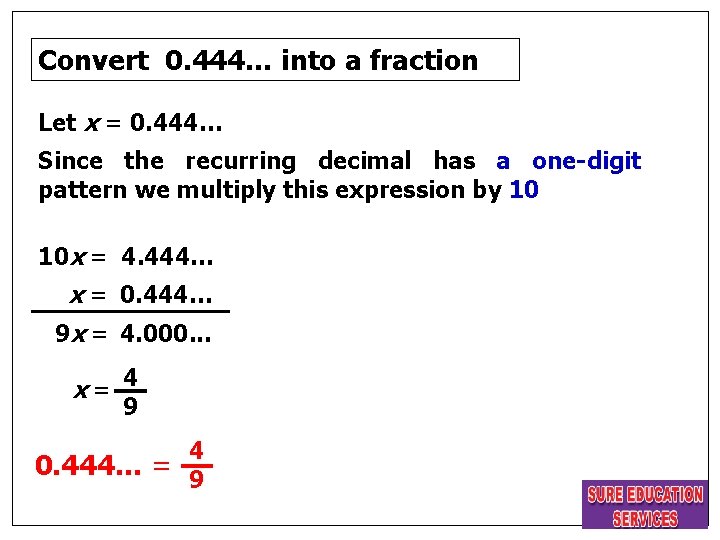 Convert 0. 444… into a fraction Let x = 0. 444… Since the recurring