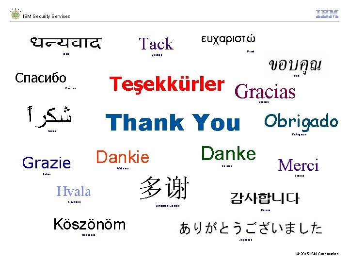 IBM Security Services Tack Hindi ευχαριστώ Greek Swedish Спасибо Teşekkürler Gracias Thai Russian Spanish IBM Security Services Tack Hindi ευχαριστώ Greek Swedish Спасибо Teşekkürler Gracias Thai Russian Spanish