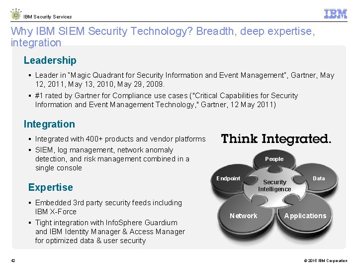 IBM Security Services Why IBM SIEM Security Technology? Breadth, deep expertise, integration Leadership Leader