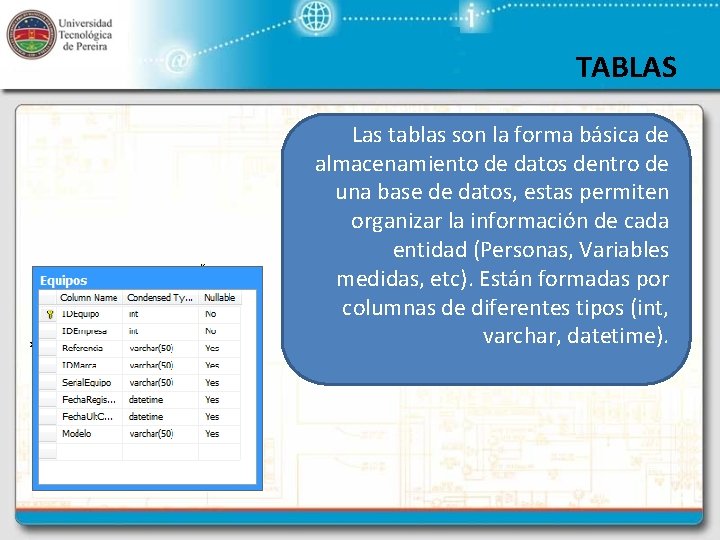 TABLAS Las tablas son la forma básica de almacenamiento de datos dentro de una