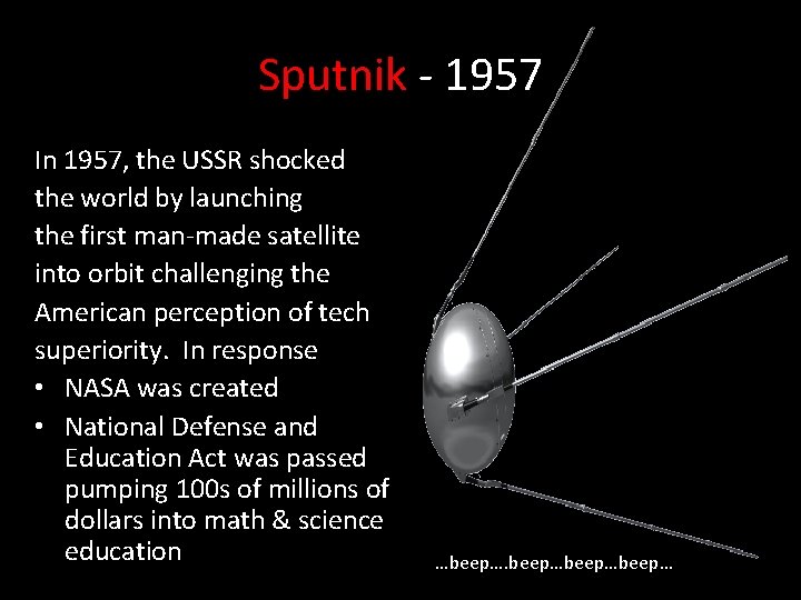 Sputnik - 1957 In 1957, the USSR shocked the world by launching the first