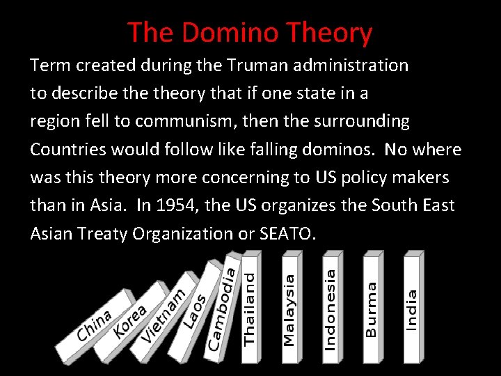 The Domino Theory Term created during the Truman administration to describe theory that if