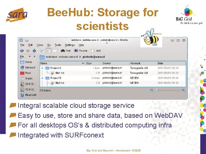 Bee. Hub: Storage for scientists Integral scalable cloud storage service Easy to use, store
