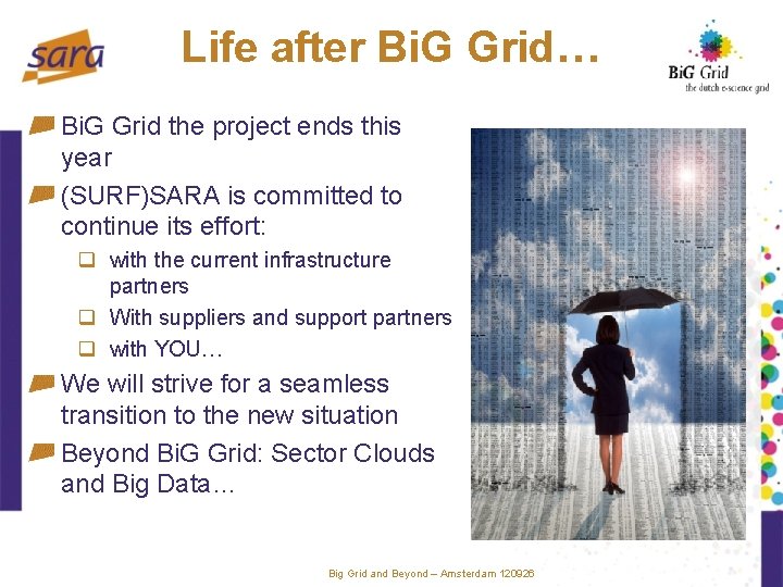 Life after Bi. G Grid… Bi. G Grid the project ends this year (SURF)SARA