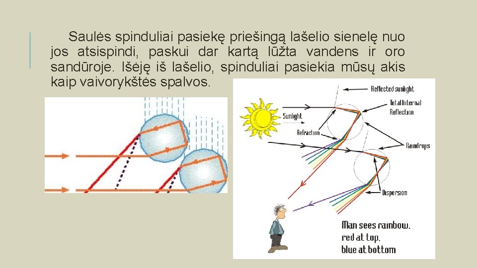 Saulės spinduliai pasiekę priešingą lašelio sienelę nuo jos atsispindi, paskui dar kartą lūžta vandens