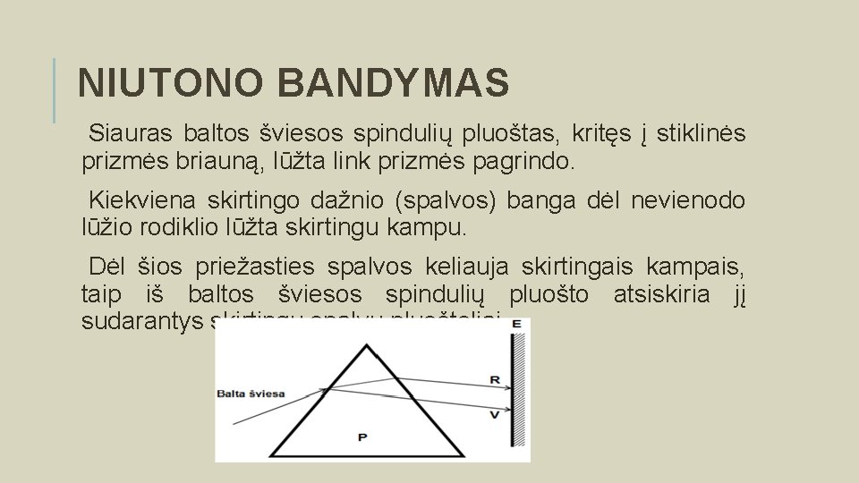 NIUTONO BANDYMAS Siauras baltos šviesos spindulių pluoštas, kritęs į stiklinės prizmės briauną, lūžta link