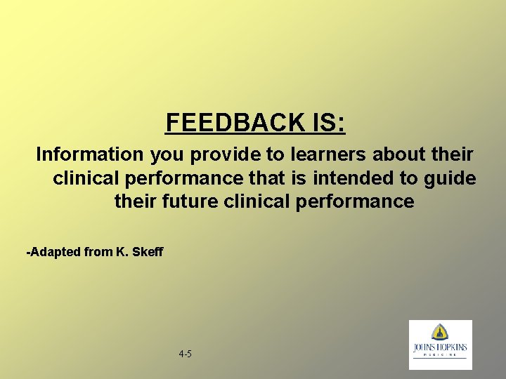 FEEDBACK IS: Information you provide to learners about their clinical performance that is intended