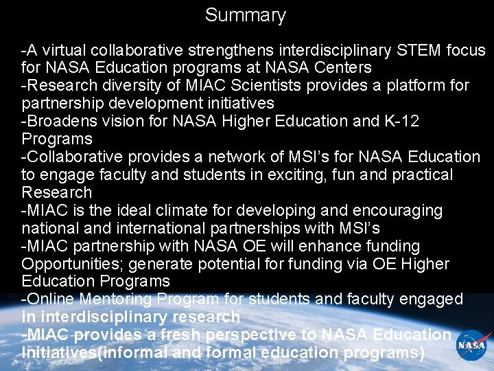 Summary -A virtual collaborative strengthens interdisciplinary STEM focus for NASA Education programs at NASA