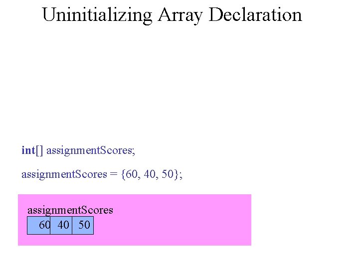 Uninitializing Array Declaration int[] assignment. Scores; assignment. Scores = {60, 40, 50}; assignment. Scores