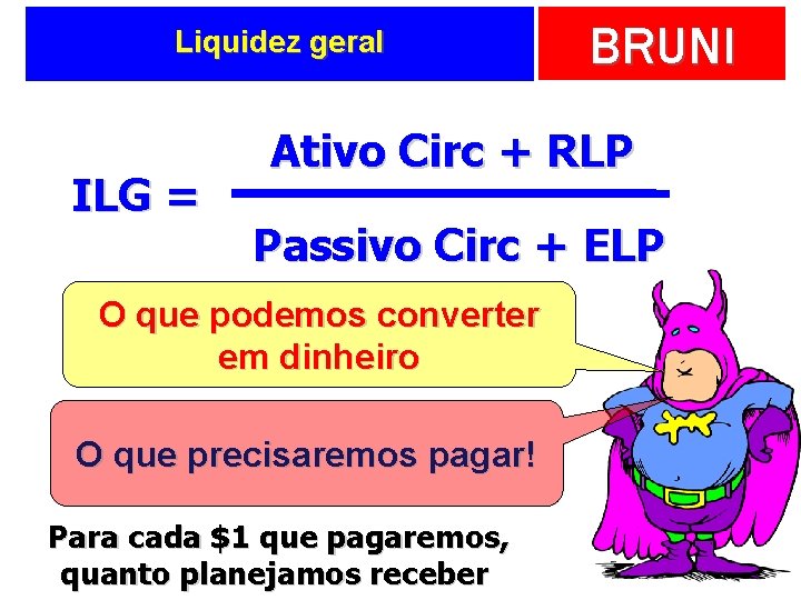 Liquidez geral ILG = BRUNI Ativo Circ + RLP Passivo Circ + ELP O