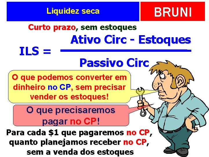 Liquidez seca BRUNI Curto prazo, sem estoques ILS = Ativo Circ - Estoques Passivo