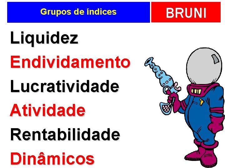 Grupos de índices Liquidez Endividamento Lucratividade Atividade Rentabilidade Dinâmicos BRUNI 