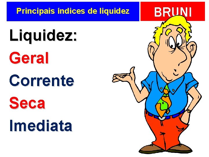 Principais índices de liquidez Liquidez: Geral Corrente Seca Imediata BRUNI 