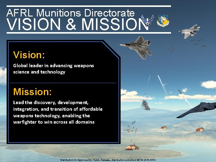 AFRL Munitions Directorate VISION & MISSION Vision: Global leader in advancing weapons science and