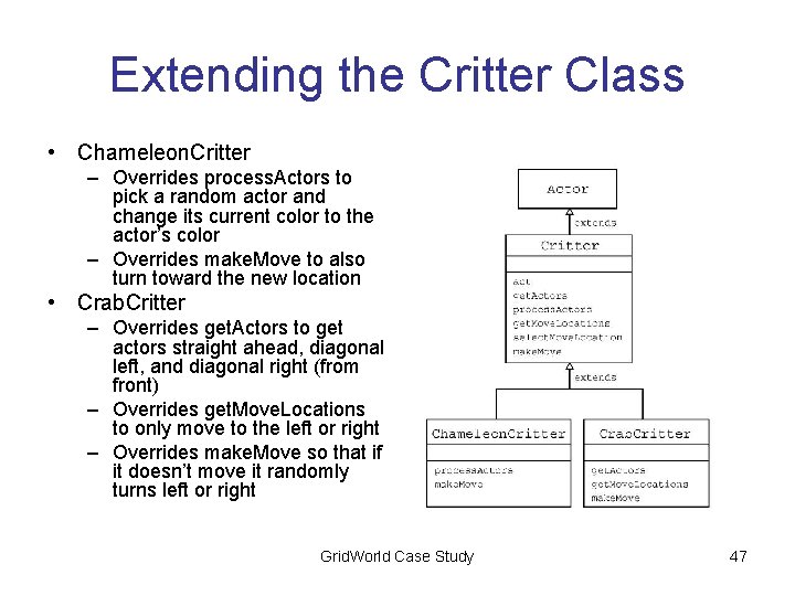 Extending the Critter Class • Chameleon. Critter – Overrides process. Actors to pick a