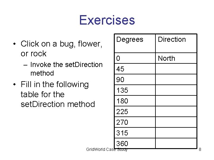 Exercises • Click on a bug, flower, or rock – Invoke the set. Direction