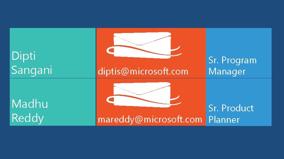 Dipti Sangani diptis@microsoft. com Madhu Reddy Sr. Product mareddy@microsoft. com Planner Sr. Program Manager