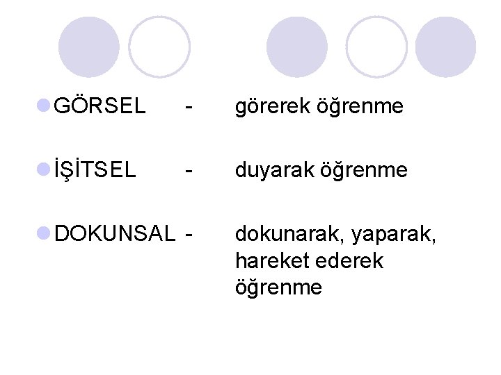 l GÖRSEL - görerek öğrenme l İŞİTSEL - duyarak öğrenme l DOKUNSAL - dokunarak, l GÖRSEL - görerek öğrenme l İŞİTSEL - duyarak öğrenme l DOKUNSAL - dokunarak,