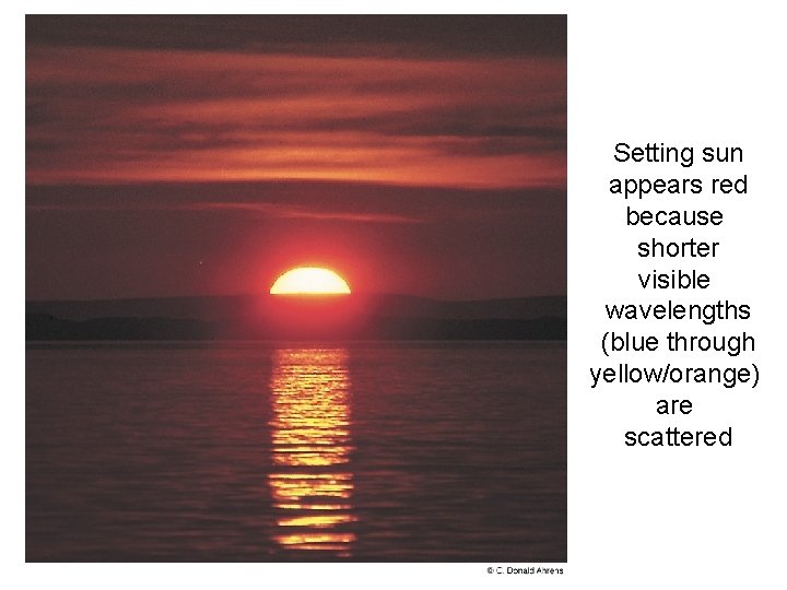 Setting sun appears red because shorter visible wavelengths (blue through yellow/orange) are scattered 