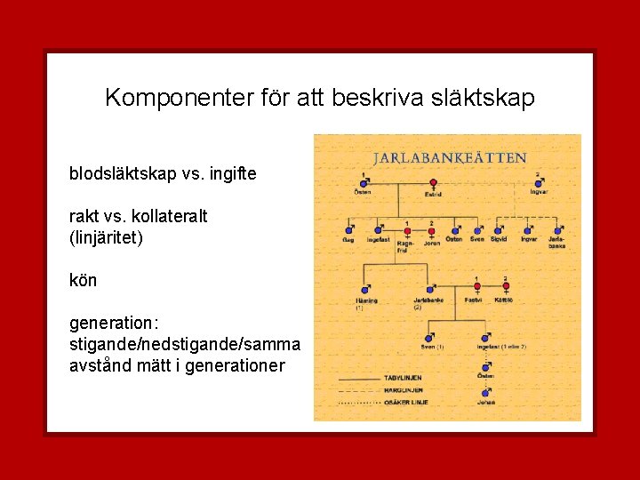 Komponenter för att beskriva släktskap blodsläktskap vs. ingifte rakt vs. kollateralt (linjäritet) kön generation: