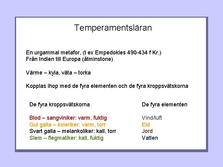 Temperamentsläran En urgammal metafor, (t ex Empedokles 490 -434 f Kr. ) Från Indien