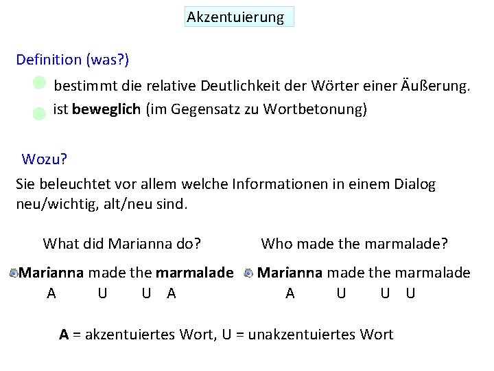 Akzentuierung Definition (was? ) bestimmt die relative Deutlichkeit der Wörter einer Äußerung. ist beweglich