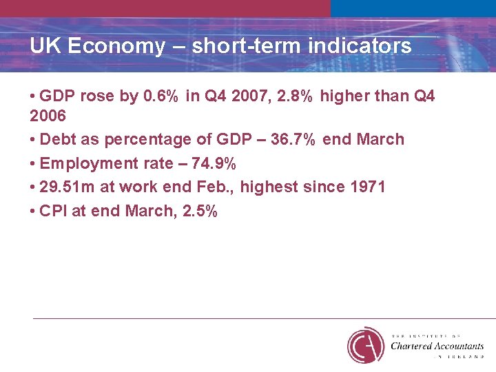 UK Economy – short-term indicators • GDP rose by 0. 6% in Q 4