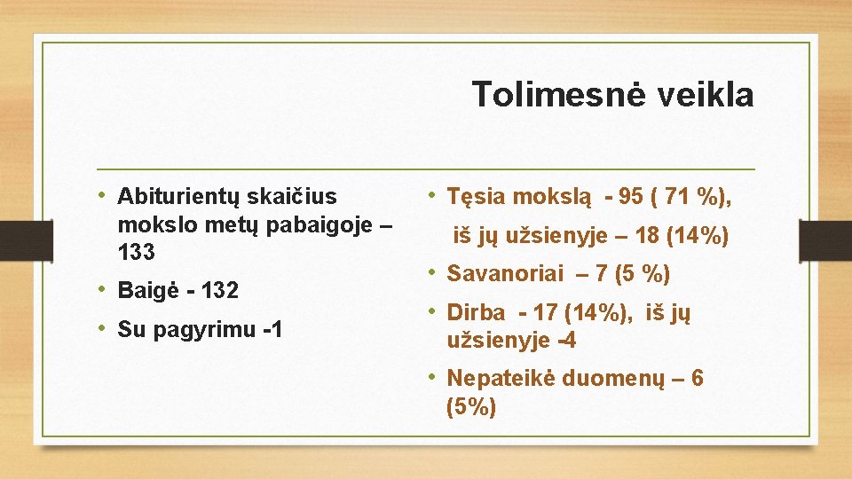 Tolimesnė veikla • Abiturientų skaičius mokslo metų pabaigoje – 133 • Baigė - 132