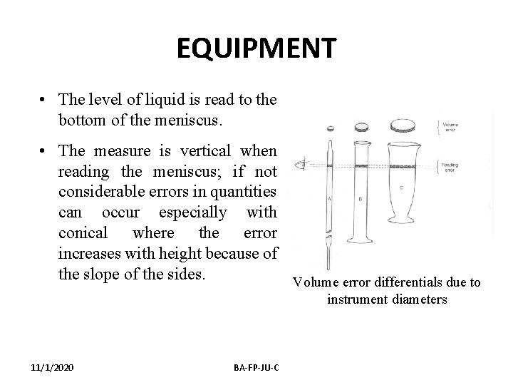 EQUIPMENT • The level of liquid is read to the bottom of the meniscus.