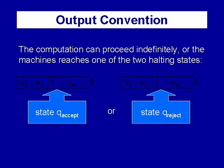 Output Convention The computation can proceed indefinitely, or the machines reaches one of the