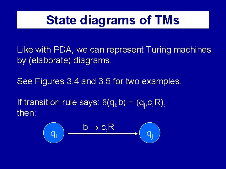 State diagrams of TMs Like with PDA, we can represent Turing machines by (elaborate)