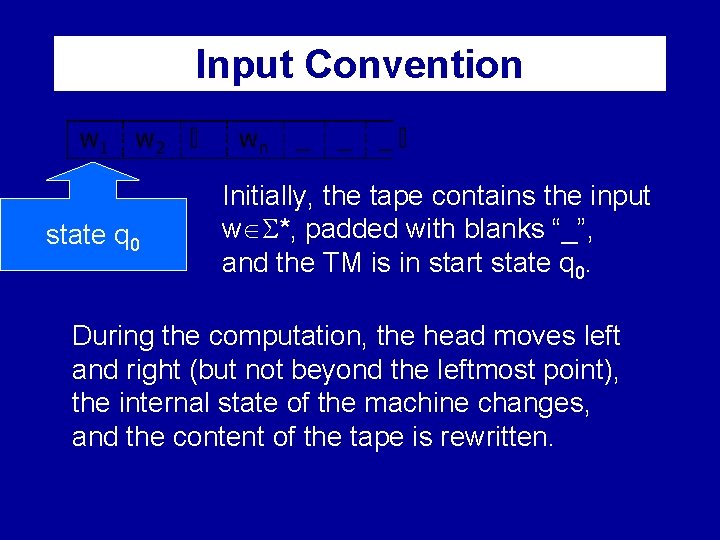 Input Convention state q 0 Initially, the tape contains the input w *, padded