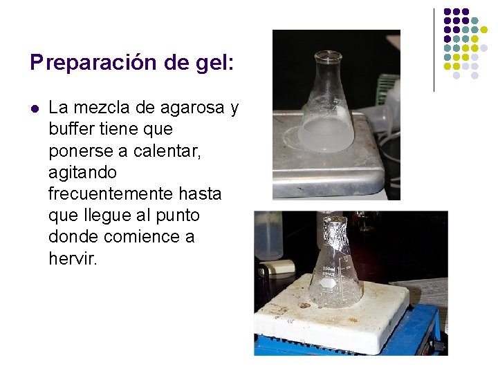 Preparación de gel: l La mezcla de agarosa y buffer tiene que ponerse a