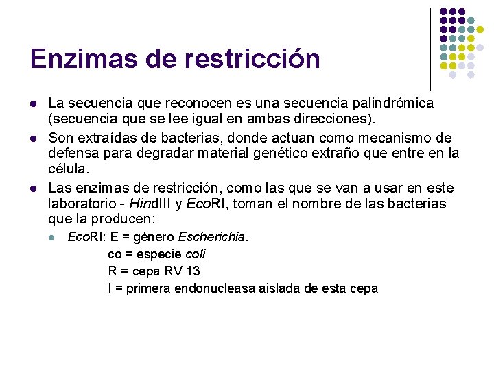 Enzimas de restricción l l l La secuencia que reconocen es una secuencia palindrómica