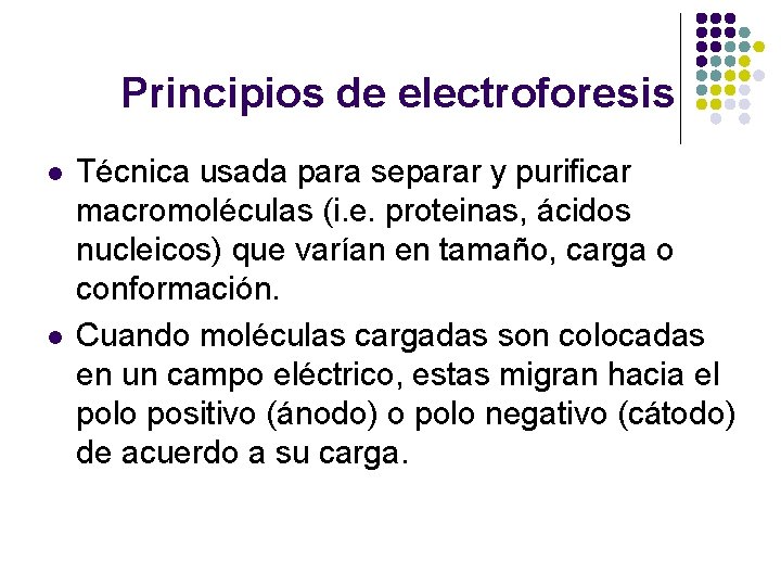 Principios de electroforesis l l Técnica usada para separar y purificar macromoléculas (i. e.