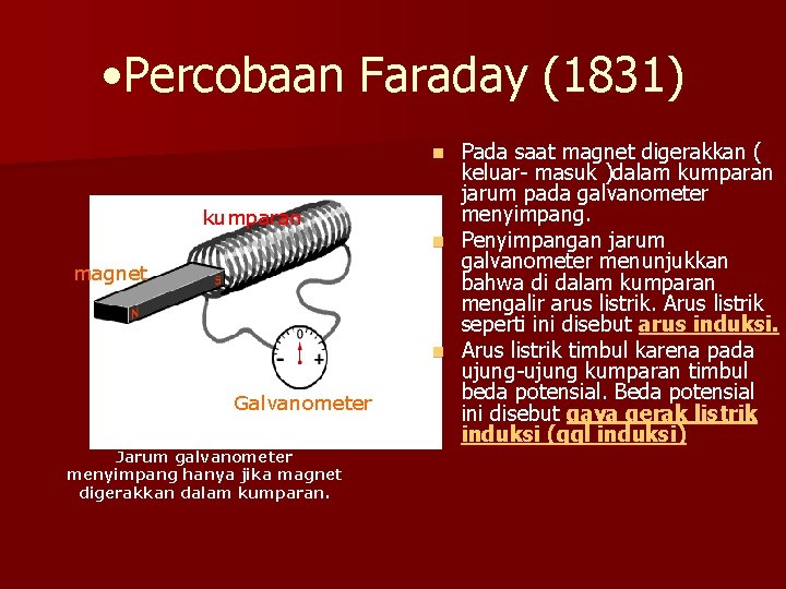  • Percobaan Faraday (1831) Pada saat magnet digerakkan ( keluar- masuk )dalam kumparan