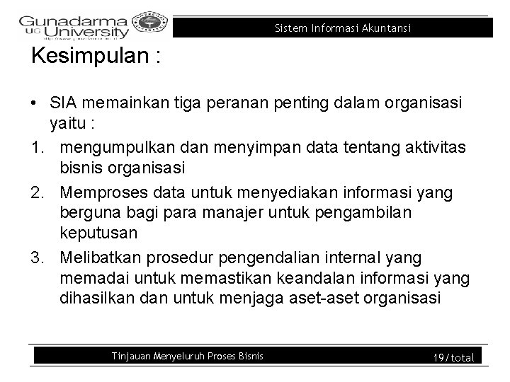 Sistem Informasi Akuntansi Kesimpulan : • SIA memainkan tiga peranan penting dalam organisasi yaitu