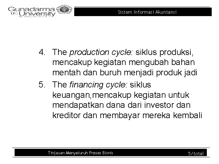 Sistem Informasi Akuntansi 4. The production cycle: siklus produksi, mencakup kegiatan mengubah bahan mentah
