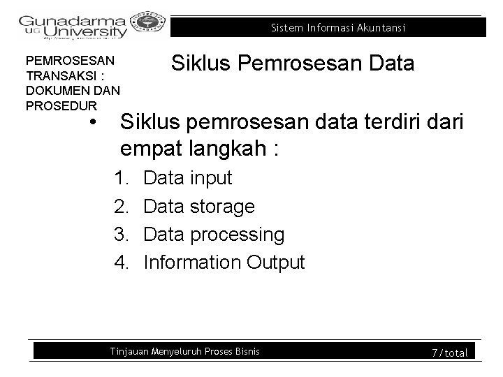 Sistem Informasi Akuntansi PEMROSESAN TRANSAKSI : DOKUMEN DAN PROSEDUR • Siklus Pemrosesan Data Siklus