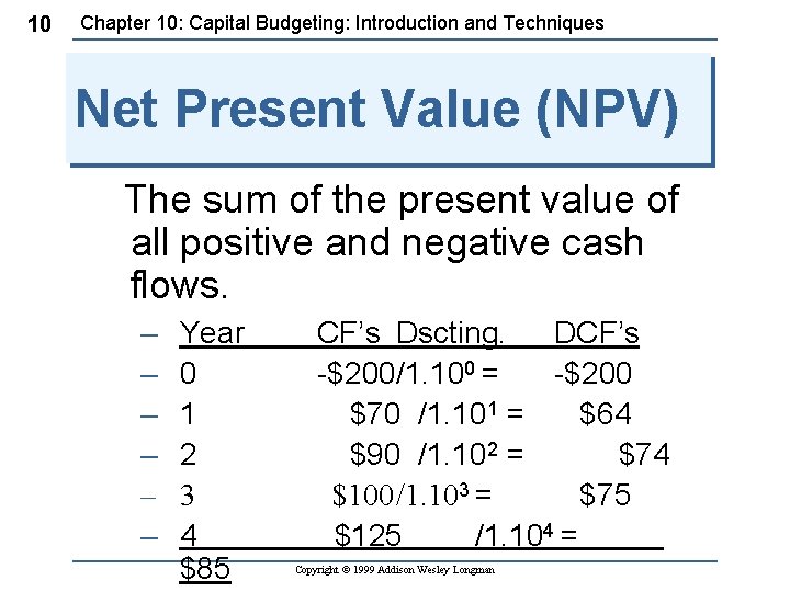 10 Chapter 10: Capital Budgeting: Introduction and Techniques Net Present Value (NPV) The sum