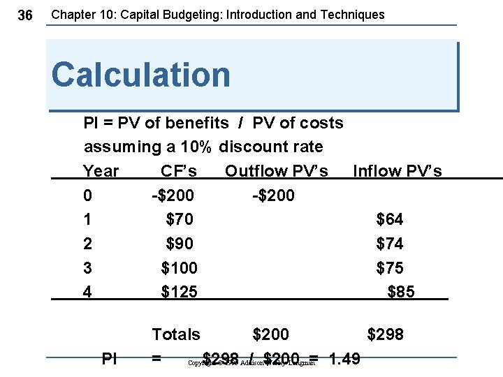 36 Chapter 10: Capital Budgeting: Introduction and Techniques Calculation PI = PV of benefits