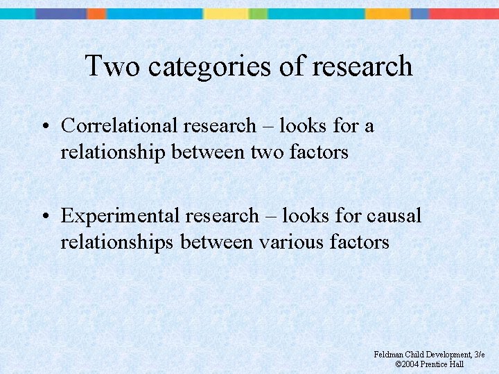 Two categories of research • Correlational research – looks for a relationship between two