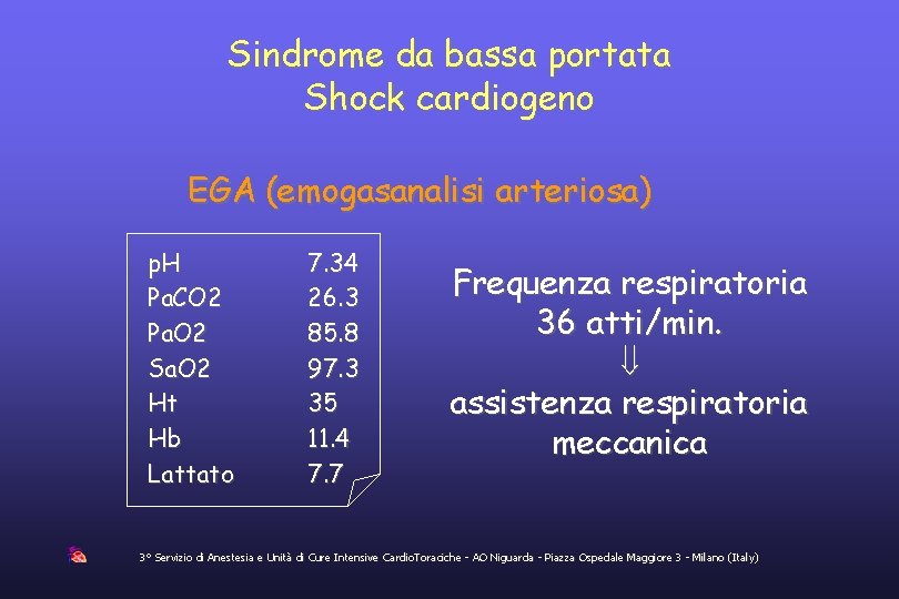 Sindrome da bassa portata Shock cardiogeno EGA (emogasanalisi arteriosa) p. H Pa. CO 2