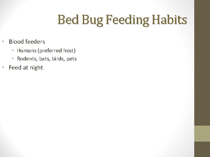 Bed Bug Feeding Habits • Blood feeders • Humans (preferred host) • Rodents, bats,