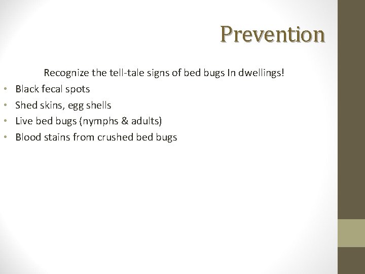 Prevention • • Recognize the tell-tale signs of bed bugs In dwellings! Black fecal