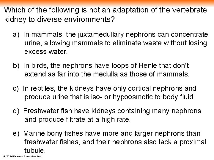 Which of the following is not an adaptation of the vertebrate kidney to diverse