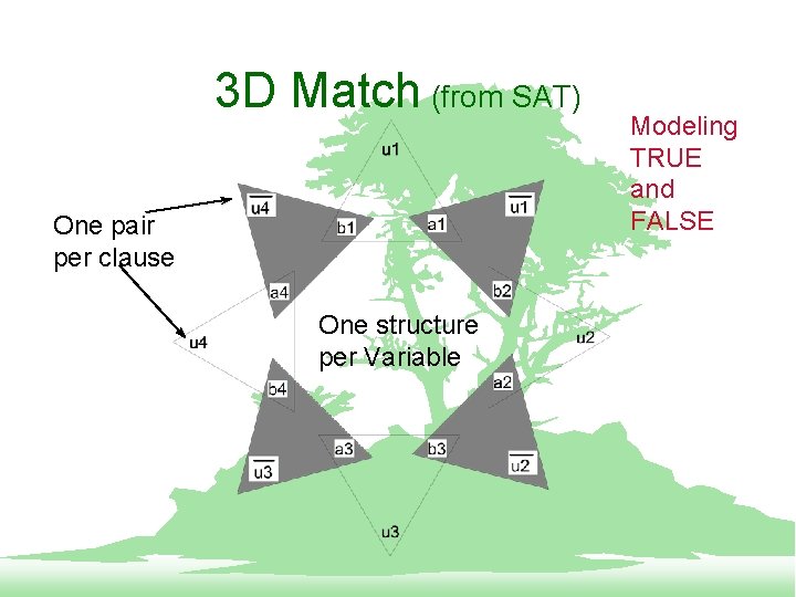 3 D Match (from SAT) One pair per clause One structure per Variable Modeling